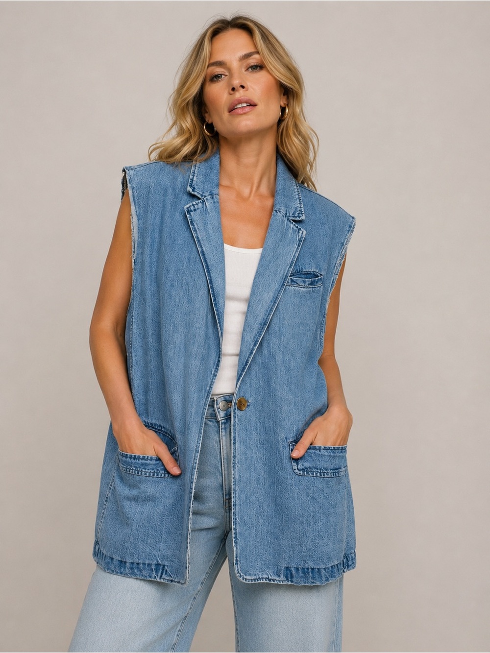 GAP Denim Blazer Vest XXL Blue Sleeveless Longline Jean Jacket Oversized